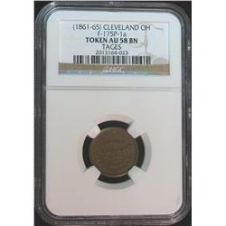 1406. Tages, Cleveland, Ohio, F-175P-1a Civil War Token. Slabbed AU-58 BR.