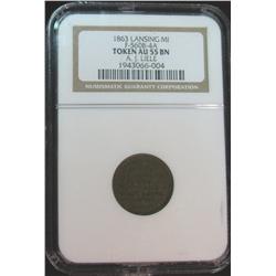1408. A.J. Liele Lansing, Mi. F-560B-4a Civil War Token. Slabbed AU-55.
