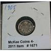 1671. 1905 Canada Five Cent Silver. EF-AU.