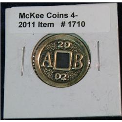 1710. Unusual "20/AB/02" Chinese Coin with square hole.