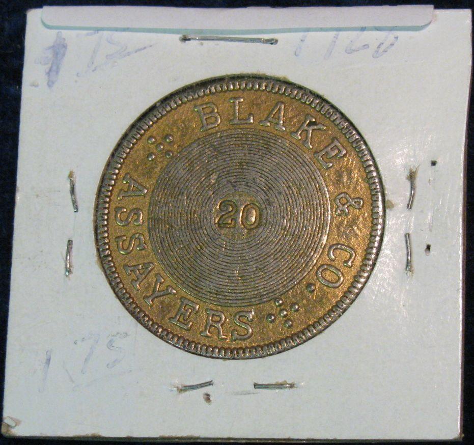 1715. 1855 Blake & Co. Assayers $20 California Gold Copy.