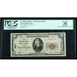1929, $20 National Bank Note. First NB in Riverside, CA