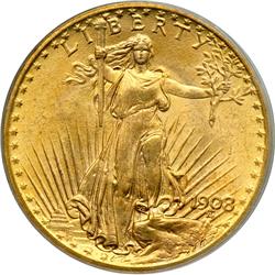 1908 $20 St. Gaudens. No Motto
