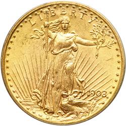1908 $20 St. Gaudens. No Motto