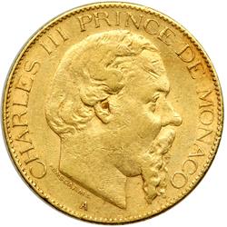 Monaco. 20 Francs, 1879-A. PCGS AU50