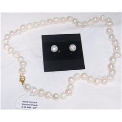 Genuine Hand Knotted 18" Pearl Necklace & Earring Set (9 -10mm)