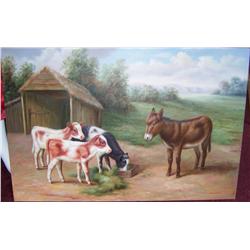 Oil on Canvas "Barnyard Animals" signed Drayton. 24" x 36".