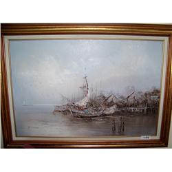 Vintage oil on canvas painting signed D. Mona 31T X44W Impressionistic Ships in Harbor.