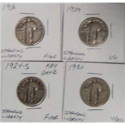 (4X The Bid) Standing Liberty Quarters. VG-Fine Cond. 1924-S, 1929, 1930 (2),