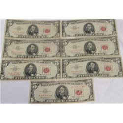 (6X The Bid) $5 US Notes Red Seal Series 1963.