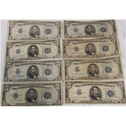(8X The Bid) $5 Silver Certificates. Series 1934 Blue Seal.