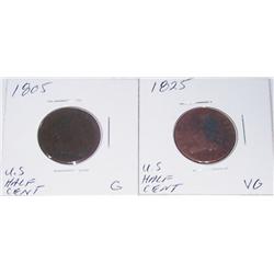 (2X The Bid) Rare US Half Cents. 1805, 1825.
