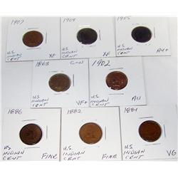 (8X The Bid) US Indian Cents. VG-AU+ Cond. 1863, 1882, 1884, 1886, 1902, 1904, 1905, 1907.