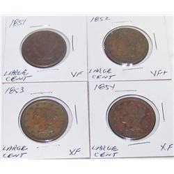 (4X The Bid) US Large Cent. VF-XF Cond. 1851, 1852, 1853, 1854.