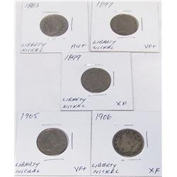 (5X The Bid) Liberty Nickels. 1883, 1897, 1899, 1905, 1906. VF+ to AU +