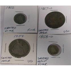 2 Seated US Halves, Seated Dime, Seated Half Dime. VG - Fine.