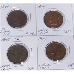 (4X The Bid) US Large Cents. 1840, 1844, 1845, 1847, VF-XF-Fine.