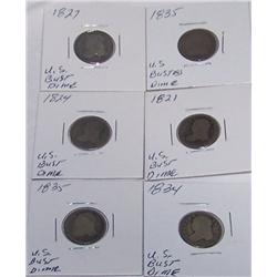 (6X The Bid) US Bust Dimes. 1821, 1824, 1827, 1834, 1835, 1835.