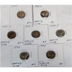 (7X The Bid) Mercury Dimes XF- MS. 1916-S, 1924, 1937-S, 1942, 1942-S, 1942-D, 1945.