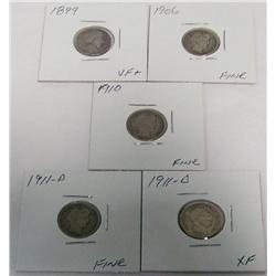 (5X The Bid) Barber Dimes. Fine-XF. 1899, 1906, 1910, 1911-D, 1911-D.