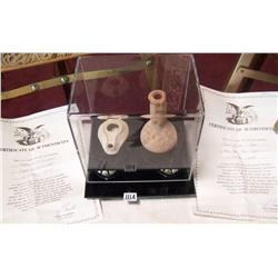 (2X the Bid) Terra Cotta Oil Lamp and Vase From the Holy Land c. 200 B.C - 400 A.D. w/ COA's.