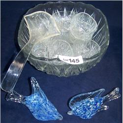 16 pc. Lot. Crystal Punchbowl w/ 12 Cups and Ladel. Includes two Decorative Glass Fish.