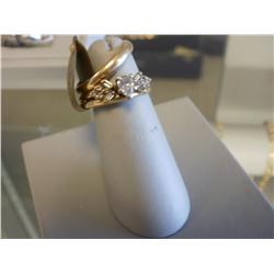 Two Band 14K Gold Ladies Ring with 1CT Pear-Shaped Diamond Center