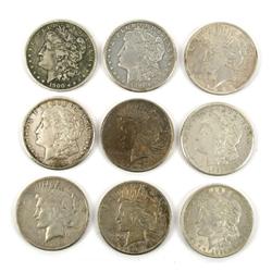 9 MORGAN & PEACE SILVER DOLARS F TO XF