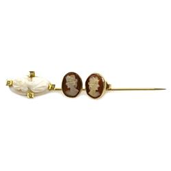 LADIES YELLOW GOLD CAMEO EARRINGS & HAT PIN LOT