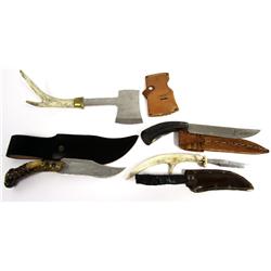 FOUR NOVELTY ANTLER HANDLED BLADES