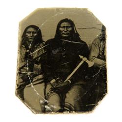 INDIAN TINTYPE WITH PEACE PIPE AND BATTLE AXE