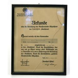 WWII GERMAN 1935 NAZI PARTY CERTIFICATE FRAMED