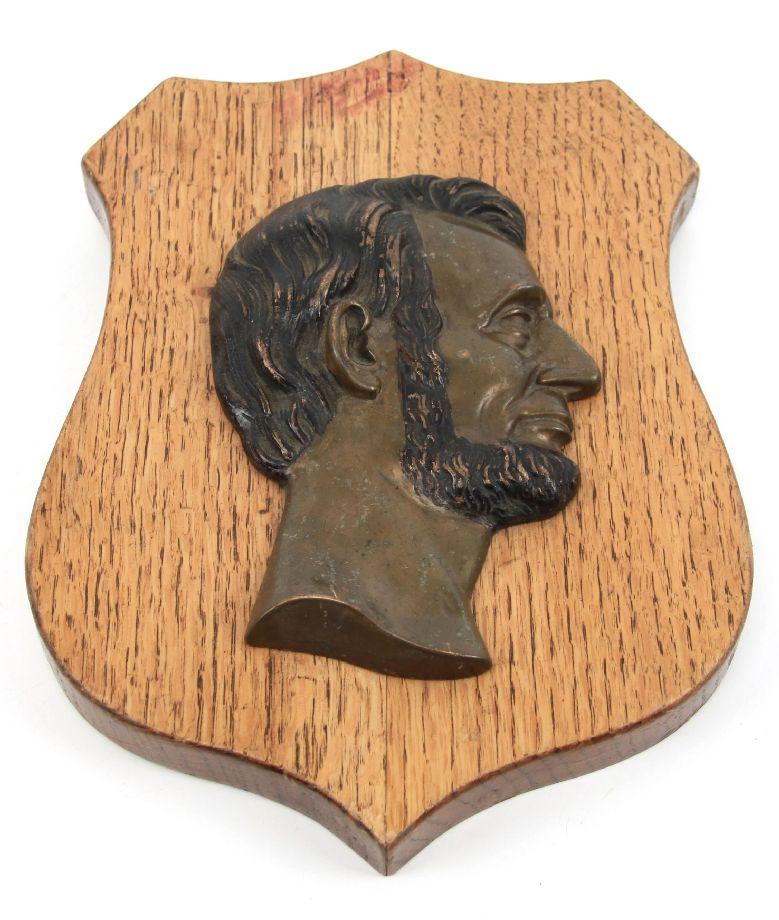 BRONZE ON WOOD SHIELD ABRAHAM LINCOLN PLAQUE
