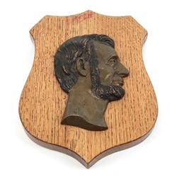 BRONZE ON WOOD SHIELD ABRAHAM LINCOLN PLAQUE