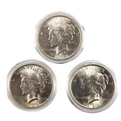 3 BRILLIANT UNCIRCULATED SILVER PEACE DOLLAR LOT