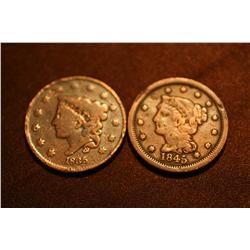 1835 and 1845 One Cent Coins - 2 coins