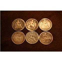 Lot of 6 Half Dimes - 1850, 1853, 1854, 1861, 1862, 1871