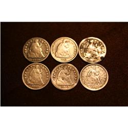 Lot of 6 Half Dimes - 1855, 1856, 1857, 1858, 1858, 1861