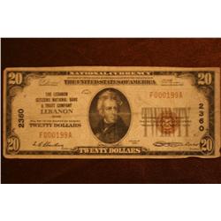 1929 $20 National Currency issued by the federal reserve back of Lebanon, Ohio