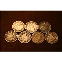 Lot of 7 Seated Liberty Dimes - 1854, 1875-S, 1876, 1876 CC, 1877 CC, 1886, 1887