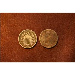 Lot of 2 - Five Cent Pieces - 1868 1869