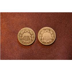 Lot of 2 Five Cent Pieces - Dates are not Legible