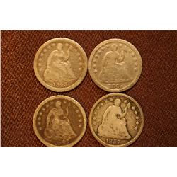 Lot of 4 Half Dimes - 1845, 1845, 1847, 1857