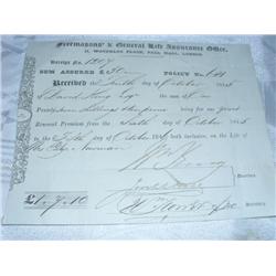 1845 Life Insurance Policy from Freemasons & General London for 50 Pounds