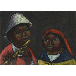 Arturo Nieto, Boy Playing Flute with Girl, Gouache Painting