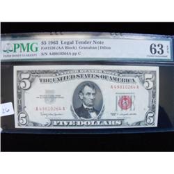$5 1963 UNCIRCULATED LEGAL TENDER RED SEAL PMG 63 EPQ