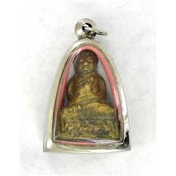 Vintage Thai Bronze Buddha Amulet in Nickel Pendant Case (ANT-1194)