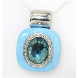Silver Diamond, Enamel And Blue Topaz Pendant