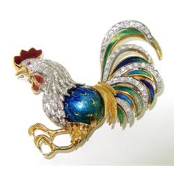 18K Yellow /White Gold Enamel & Diamond Rooster Pin