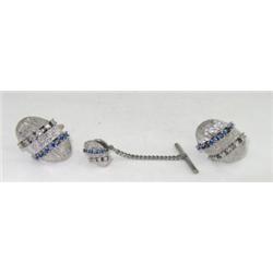 14K White Gold Sapphire Diamond Cufflinks & TieTack Set